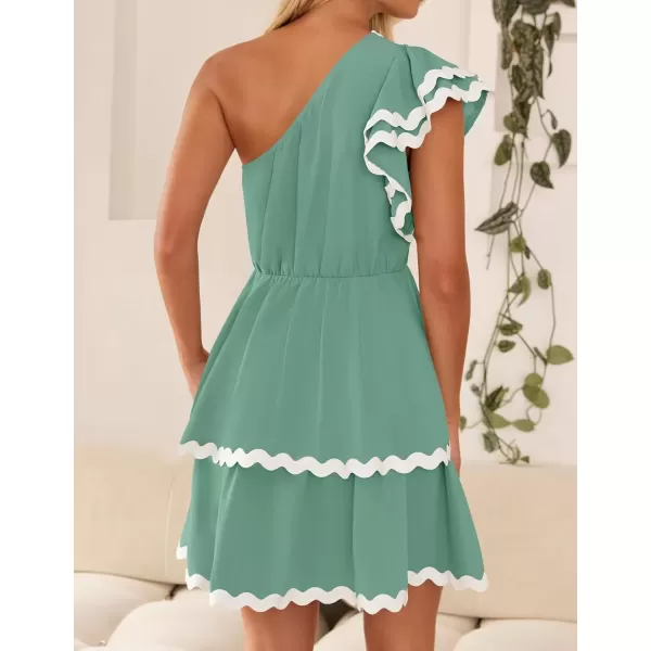 imageZESICA Womens 2024 Summer One Shoulder Dresses Ruffle Short Sleeve Tiered Layered Swing A Line Mini SundressTurquoise