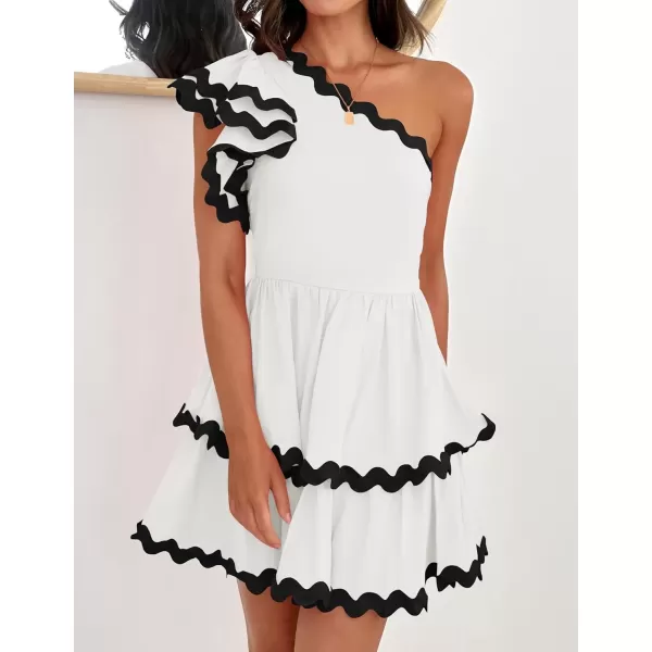 imageZESICA Womens 2024 Summer One Shoulder Dresses Ruffle Short Sleeve Tiered Layered Swing A Line Mini SundressWhite