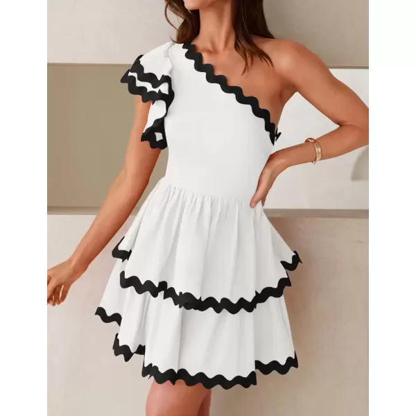imageZESICA Womens 2024 Summer One Shoulder Dresses Ruffle Short Sleeve Tiered Layered Swing A Line Mini SundressWhite