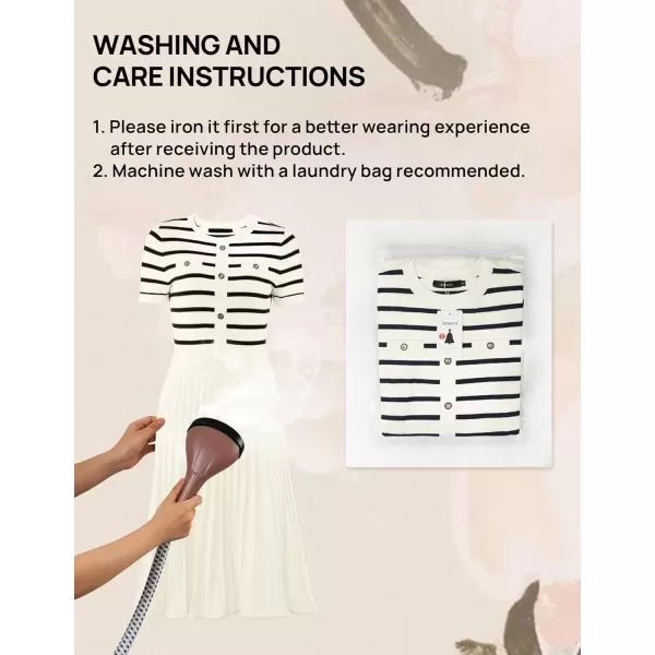 imageZESICA Womens Casual Striped Midi Dress Crewneck Short Sleeve Button Ribbed Knit Swing Pleated A Line DressesBeige