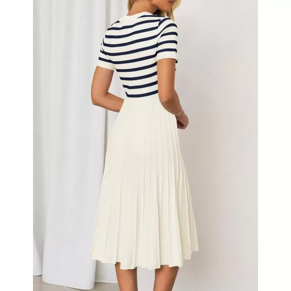 imageZESICA Womens Casual Striped Midi Dress Crewneck Short Sleeve Button Ribbed Knit Swing Pleated A Line DressesBeige
