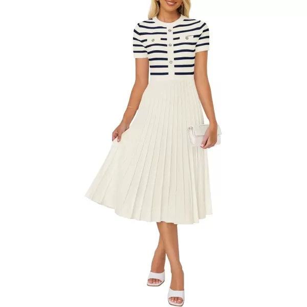 imageZESICA Womens Casual Striped Midi Dress Crewneck Short Sleeve Button Ribbed Knit Swing Pleated A Line DressesBeige