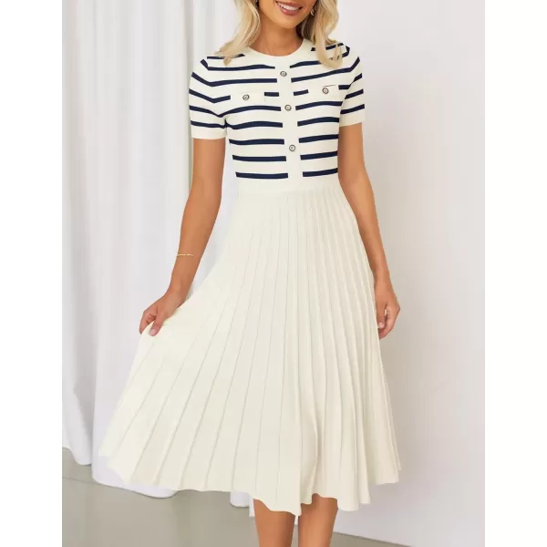 imageZESICA Womens Casual Striped Midi Dress Crewneck Short Sleeve Button Ribbed Knit Swing Pleated A Line DressesBeige