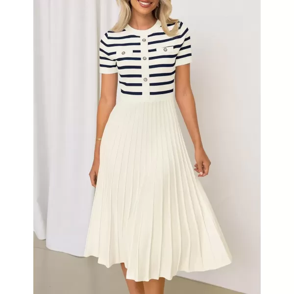 imageZESICA Womens Casual Striped Midi Dress Crewneck Short Sleeve Button Ribbed Knit Swing Pleated A Line DressesBeige