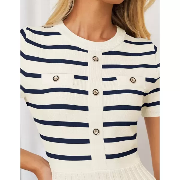 imageZESICA Womens Casual Striped Midi Dress Crewneck Short Sleeve Button Ribbed Knit Swing Pleated A Line DressesBeige