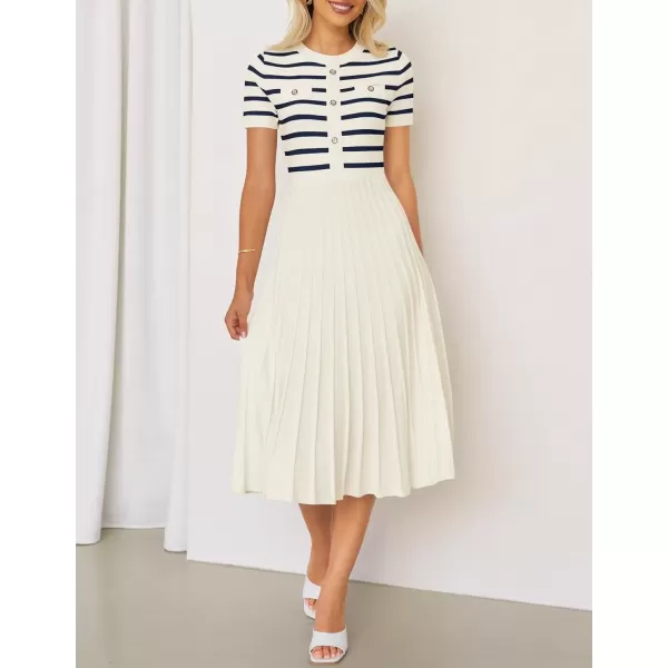 imageZESICA Womens Casual Striped Midi Dress Crewneck Short Sleeve Button Ribbed Knit Swing Pleated A Line DressesBeige
