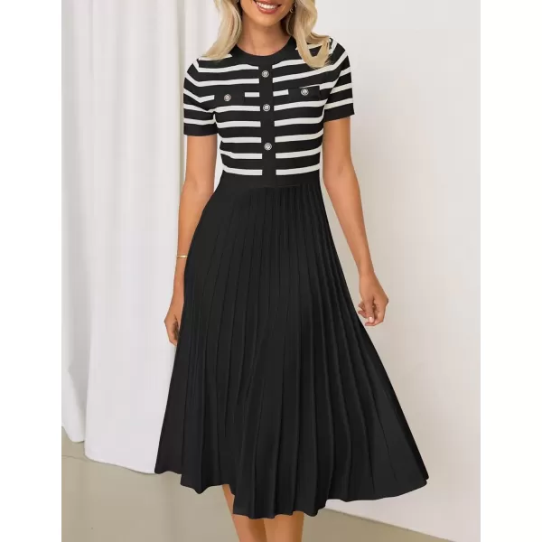 imageZESICA Womens Casual Striped Midi Dress Crewneck Short Sleeve Button Ribbed Knit Swing Pleated A Line DressesBlack