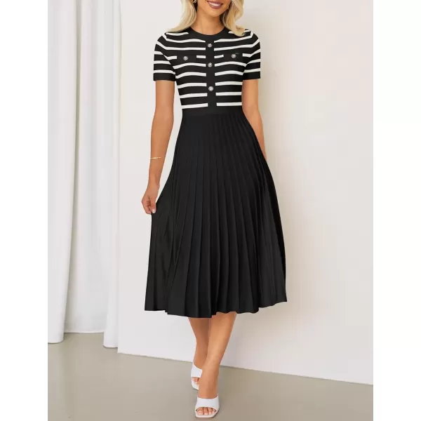 imageZESICA Womens Casual Striped Midi Dress Crewneck Short Sleeve Button Ribbed Knit Swing Pleated A Line DressesBlack