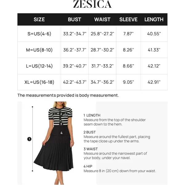 imageZESICA Womens Casual Striped Midi Dress Crewneck Short Sleeve Button Ribbed Knit Swing Pleated A Line DressesBlack