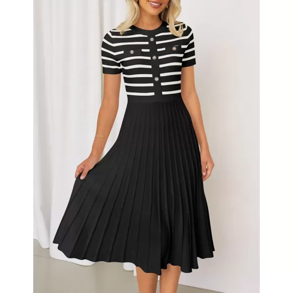 imageZESICA Womens Casual Striped Midi Dress Crewneck Short Sleeve Button Ribbed Knit Swing Pleated A Line DressesBlack