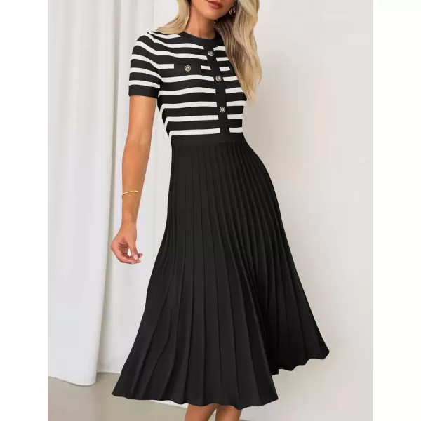 imageZESICA Womens Casual Striped Midi Dress Crewneck Short Sleeve Button Ribbed Knit Swing Pleated A Line DressesBlack