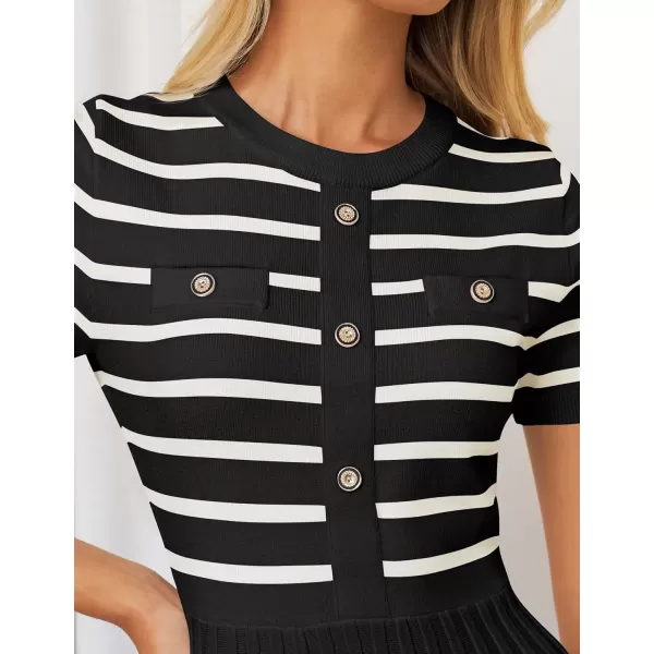 imageZESICA Womens Casual Striped Midi Dress Crewneck Short Sleeve Button Ribbed Knit Swing Pleated A Line DressesBlack