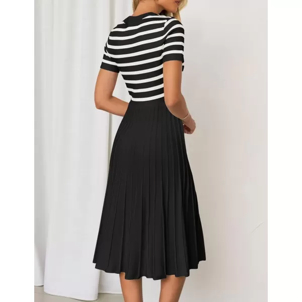 imageZESICA Womens Casual Striped Midi Dress Crewneck Short Sleeve Button Ribbed Knit Swing Pleated A Line DressesBlack