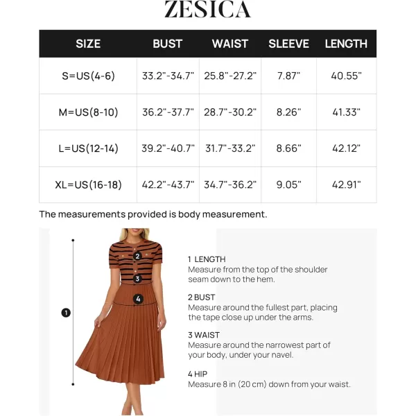 imageZESICA Womens Casual Striped Midi Dress Crewneck Short Sleeve Button Ribbed Knit Swing Pleated A Line DressesCaramel