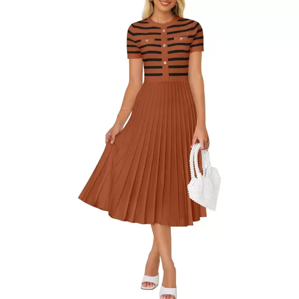 imageZESICA Womens Casual Striped Midi Dress Crewneck Short Sleeve Button Ribbed Knit Swing Pleated A Line DressesCaramel