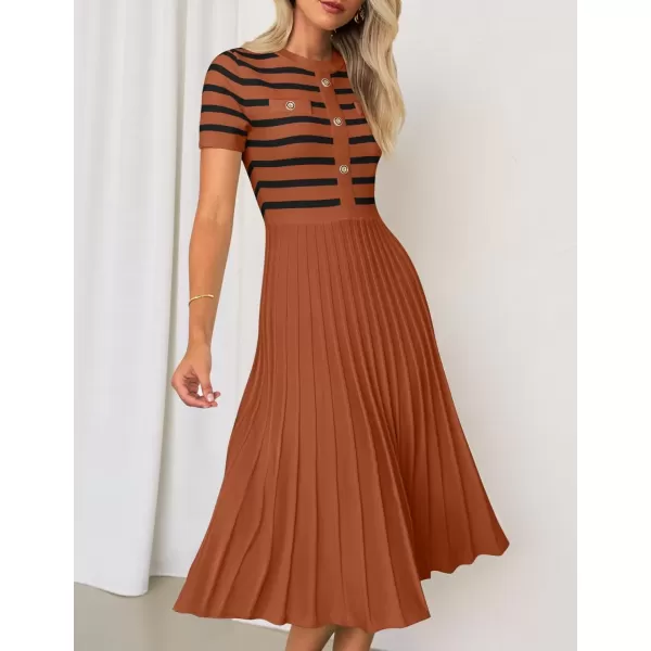 imageZESICA Womens Casual Striped Midi Dress Crewneck Short Sleeve Button Ribbed Knit Swing Pleated A Line DressesCaramel