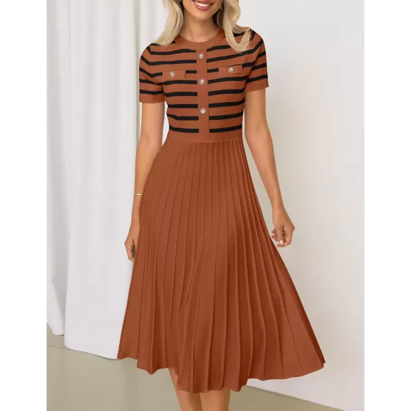 imageZESICA Womens Casual Striped Midi Dress Crewneck Short Sleeve Button Ribbed Knit Swing Pleated A Line DressesCaramel