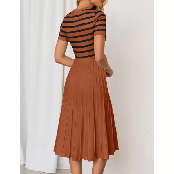 imageZESICA Womens Casual Striped Midi Dress Crewneck Short Sleeve Button Ribbed Knit Swing Pleated A Line DressesCaramel