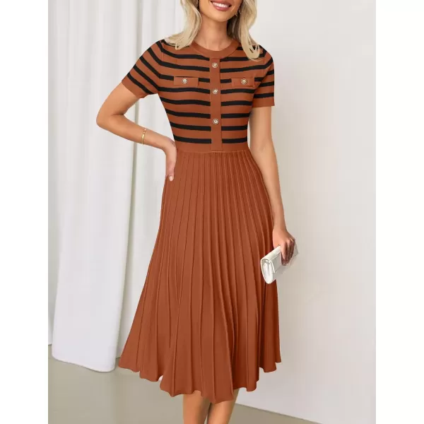 imageZESICA Womens Casual Striped Midi Dress Crewneck Short Sleeve Button Ribbed Knit Swing Pleated A Line DressesCaramel