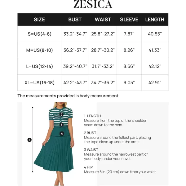 imageZESICA Womens Casual Striped Midi Dress Crewneck Short Sleeve Button Ribbed Knit Swing Pleated A Line DressesDarkgreen