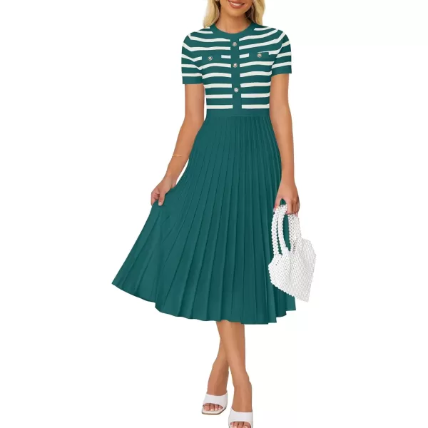 imageZESICA Womens Casual Striped Midi Dress Crewneck Short Sleeve Button Ribbed Knit Swing Pleated A Line DressesDarkgreen