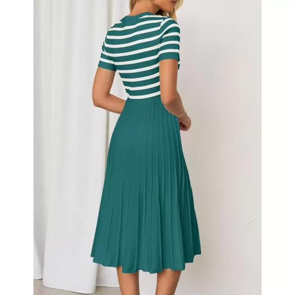 imageZESICA Womens Casual Striped Midi Dress Crewneck Short Sleeve Button Ribbed Knit Swing Pleated A Line DressesDarkgreen