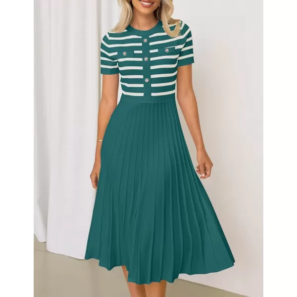 imageZESICA Womens Casual Striped Midi Dress Crewneck Short Sleeve Button Ribbed Knit Swing Pleated A Line DressesDarkgreen