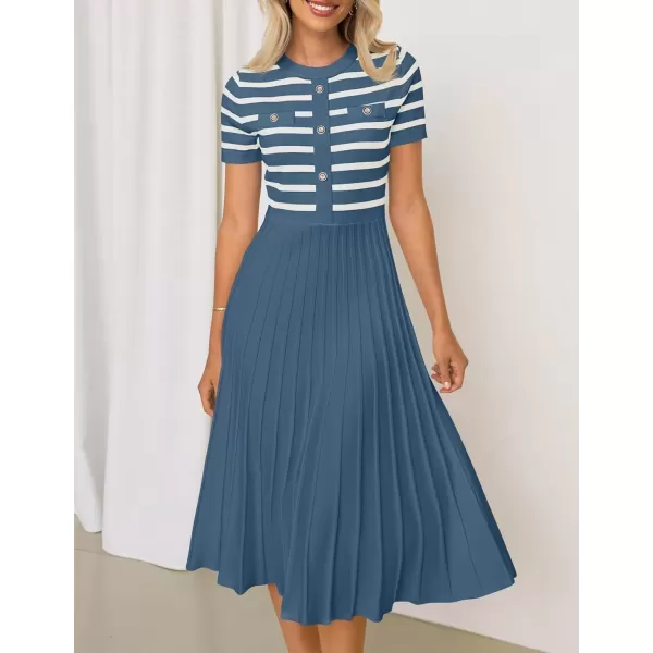 imageZESICA Womens Casual Striped Midi Dress Crewneck Short Sleeve Button Ribbed Knit Swing Pleated A Line DressesDusty Blue