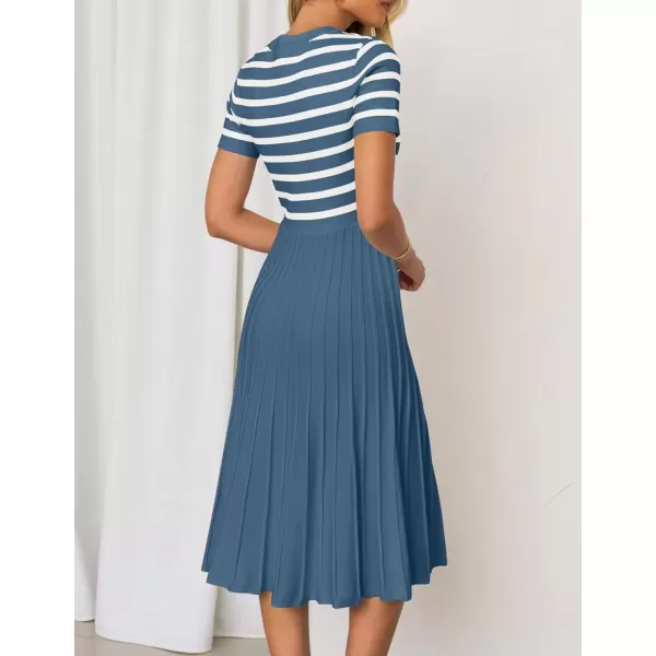 imageZESICA Womens Casual Striped Midi Dress Crewneck Short Sleeve Button Ribbed Knit Swing Pleated A Line DressesDusty Blue