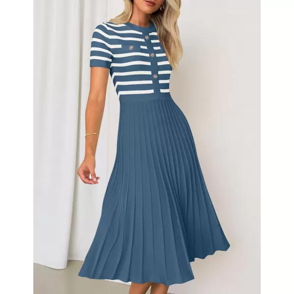 imageZESICA Womens Casual Striped Midi Dress Crewneck Short Sleeve Button Ribbed Knit Swing Pleated A Line DressesDusty Blue