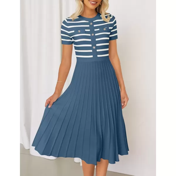 imageZESICA Womens Casual Striped Midi Dress Crewneck Short Sleeve Button Ribbed Knit Swing Pleated A Line DressesDusty Blue
