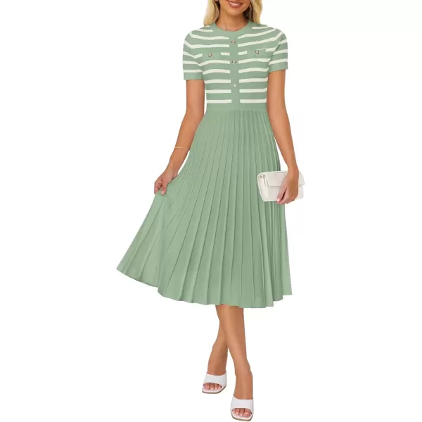 imageZESICA Womens Casual Striped Midi Dress Crewneck Short Sleeve Button Ribbed Knit Swing Pleated A Line DressesLight Green