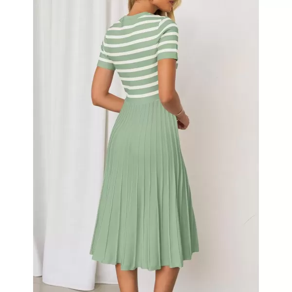 imageZESICA Womens Casual Striped Midi Dress Crewneck Short Sleeve Button Ribbed Knit Swing Pleated A Line DressesLight Green