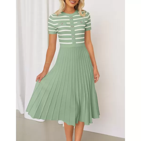 imageZESICA Womens Casual Striped Midi Dress Crewneck Short Sleeve Button Ribbed Knit Swing Pleated A Line DressesLight Green