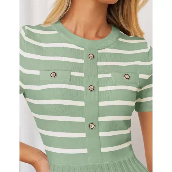 imageZESICA Womens Casual Striped Midi Dress Crewneck Short Sleeve Button Ribbed Knit Swing Pleated A Line DressesLight Green