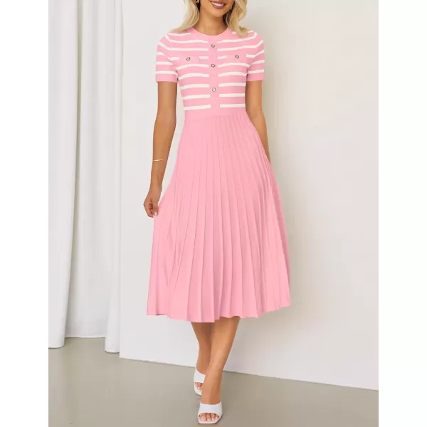 imageZESICA Womens Casual Striped Midi Dress Crewneck Short Sleeve Button Ribbed Knit Swing Pleated A Line DressesPink