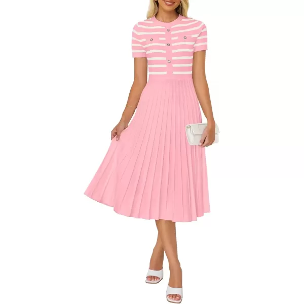 imageZESICA Womens Casual Striped Midi Dress Crewneck Short Sleeve Button Ribbed Knit Swing Pleated A Line DressesPink