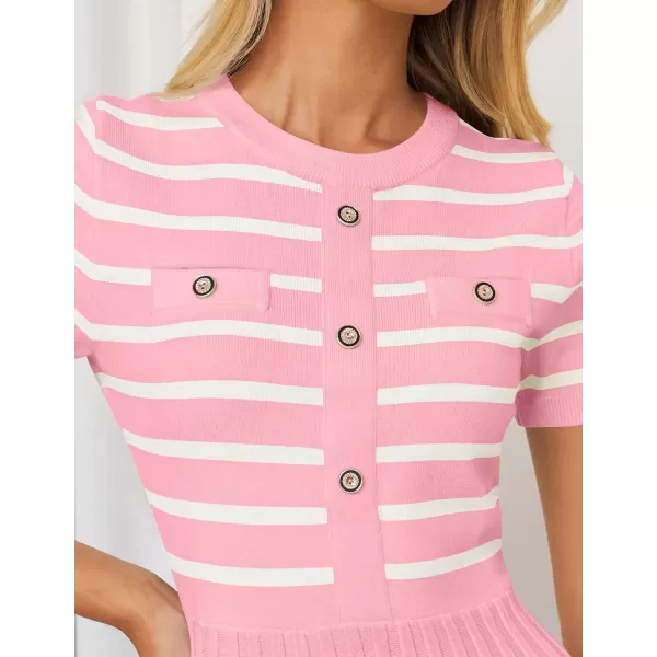 imageZESICA Womens Casual Striped Midi Dress Crewneck Short Sleeve Button Ribbed Knit Swing Pleated A Line DressesPink