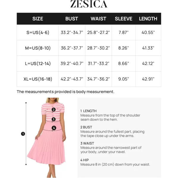 imageZESICA Womens Casual Striped Midi Dress Crewneck Short Sleeve Button Ribbed Knit Swing Pleated A Line DressesPink