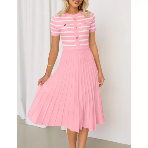 imageZESICA Womens Casual Striped Midi Dress Crewneck Short Sleeve Button Ribbed Knit Swing Pleated A Line DressesPink