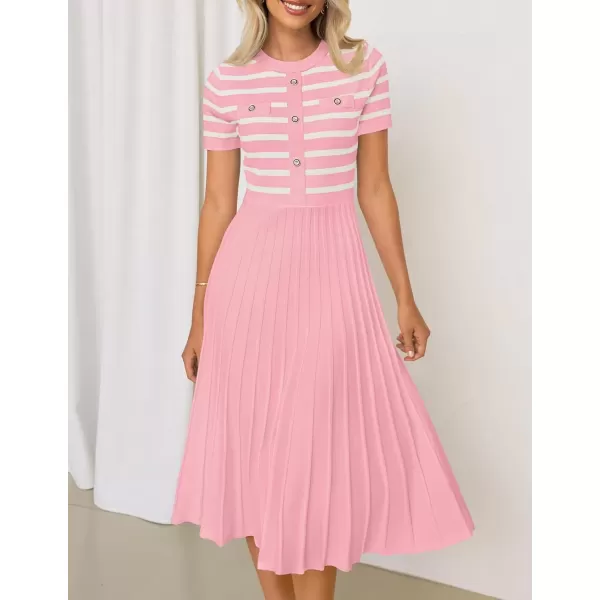 imageZESICA Womens Casual Striped Midi Dress Crewneck Short Sleeve Button Ribbed Knit Swing Pleated A Line DressesPink