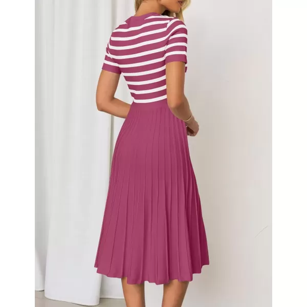 imageZESICA Womens Casual Striped Midi Dress Crewneck Short Sleeve Button Ribbed Knit Swing Pleated A Line DressesPlum