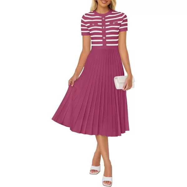 imageZESICA Womens Casual Striped Midi Dress Crewneck Short Sleeve Button Ribbed Knit Swing Pleated A Line DressesPlum
