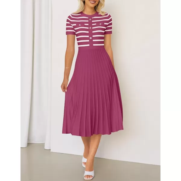 imageZESICA Womens Casual Striped Midi Dress Crewneck Short Sleeve Button Ribbed Knit Swing Pleated A Line DressesPlum