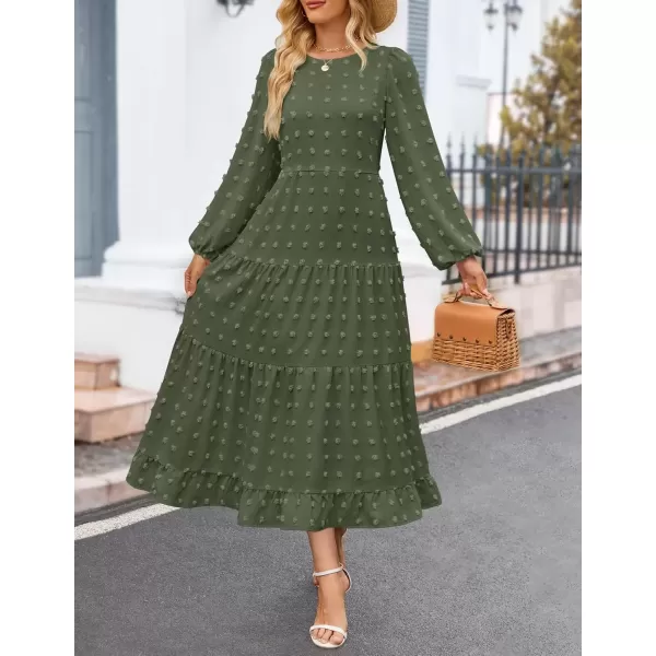 imageZESICA Womens Fall Long Sleeve Maxi Dresses 2024 Casual Crew Neck Swiss Dot Tiered Flowy A Line Wedding Guest DressArmy Green