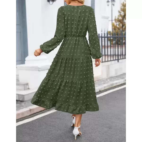 imageZESICA Womens Fall Long Sleeve Maxi Dresses 2024 Casual Crew Neck Swiss Dot Tiered Flowy A Line Wedding Guest DressArmy Green