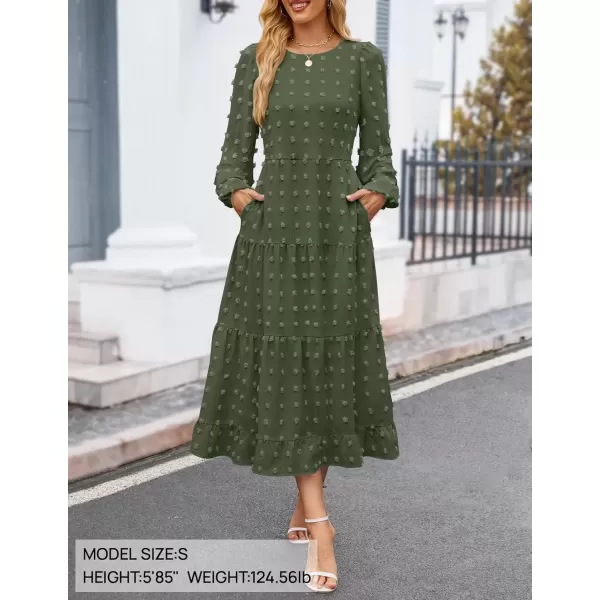 imageZESICA Womens Fall Long Sleeve Maxi Dresses 2024 Casual Crew Neck Swiss Dot Tiered Flowy A Line Wedding Guest DressArmy Green
