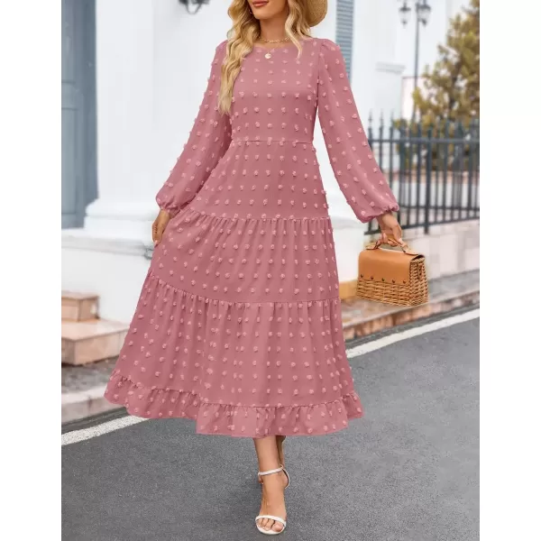imageZESICA Womens Fall Long Sleeve Maxi Dresses 2024 Casual Crew Neck Swiss Dot Tiered Flowy A Line Wedding Guest DressBeanpaste Red