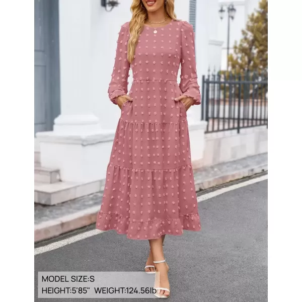 imageZESICA Womens Fall Long Sleeve Maxi Dresses 2024 Casual Crew Neck Swiss Dot Tiered Flowy A Line Wedding Guest DressBeanpaste Red