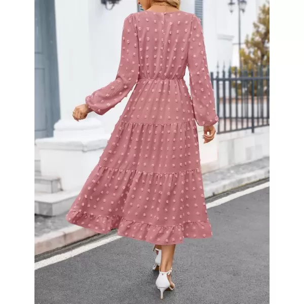 imageZESICA Womens Fall Long Sleeve Maxi Dresses 2024 Casual Crew Neck Swiss Dot Tiered Flowy A Line Wedding Guest DressBeanpaste Red